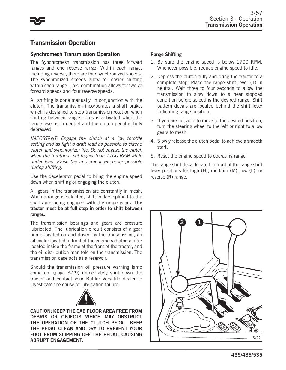 Transmission operation, Synchromesh transmission operation | Buhler 535 User Manual | Page 86 / 249