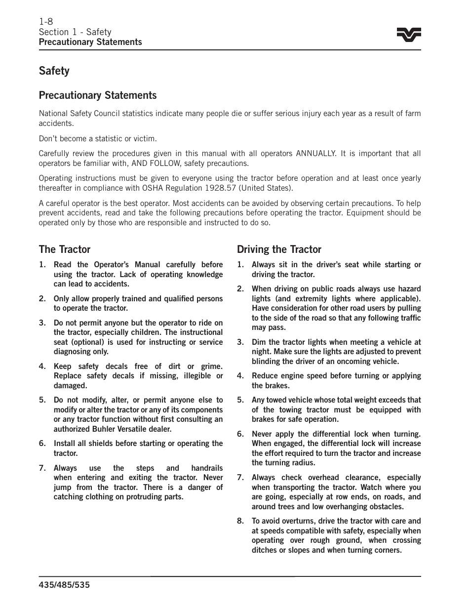 Safety, Precautionary statements, The tractor | Driving the tractor | Buhler 535 User Manual | Page 9 / 249