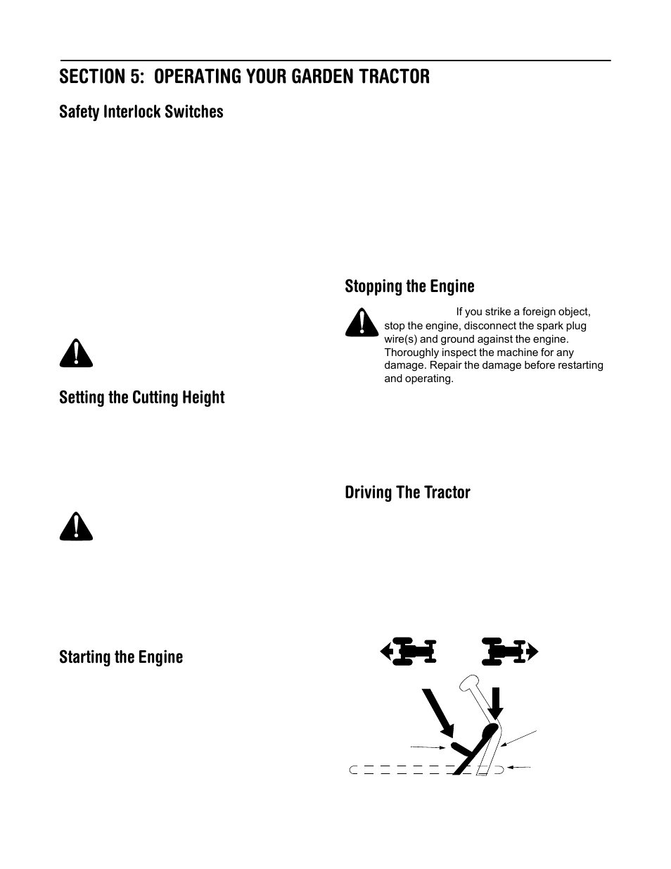 Safety interlock switches, Setting the cutting height, Starting the engine | Stopping the engine, Driving the tractor | Cub Cadet 1222 User Manual | Page 11 / 28