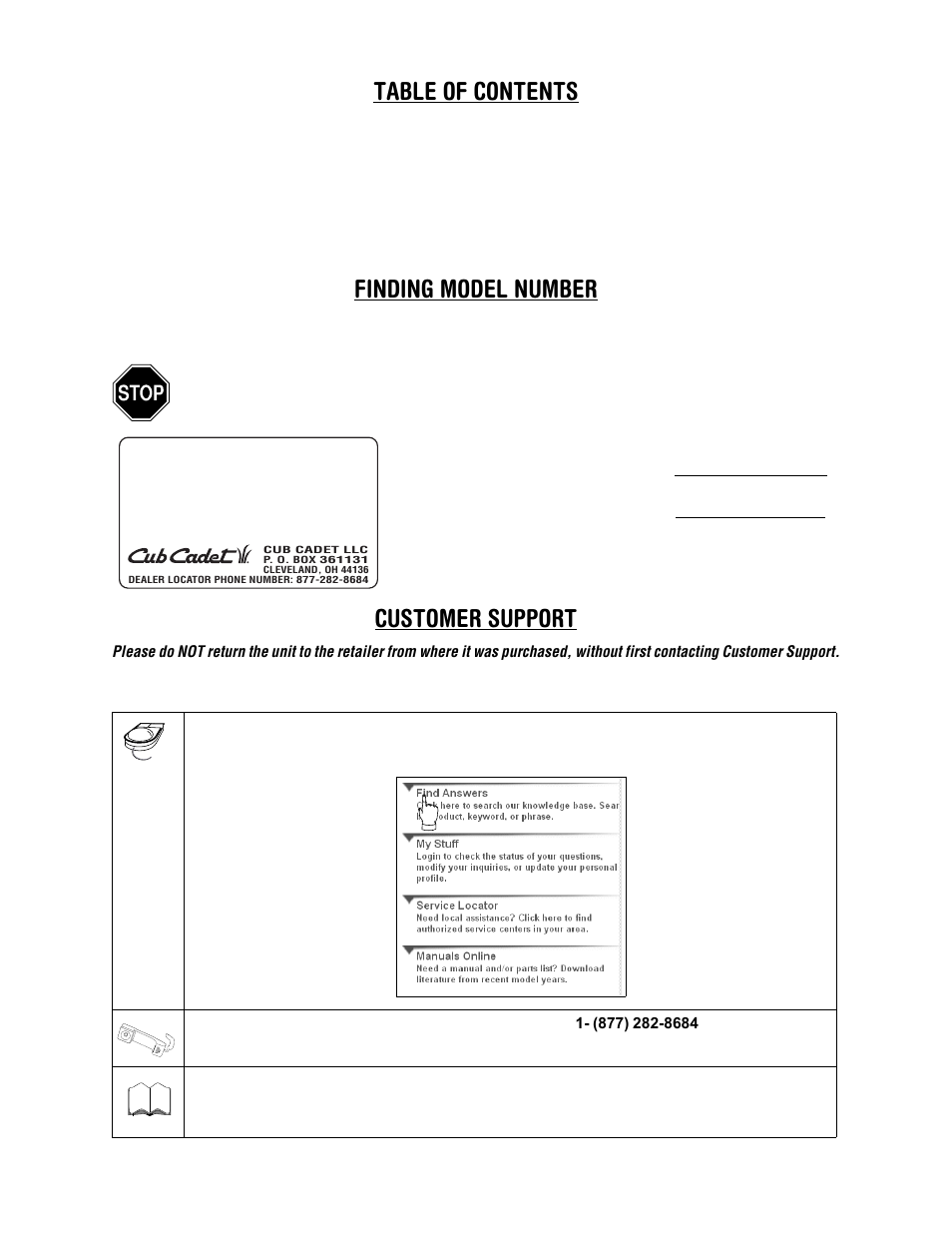 Table of contents finding model number, Customer support | Cub Cadet 1222 User Manual | Page 2 / 28