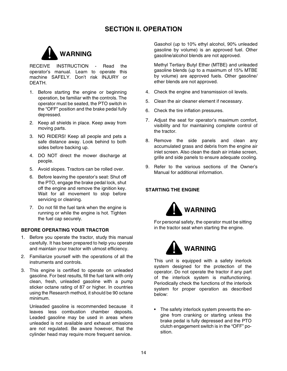 Warning | Cub Cadet 2518-44 User Manual | Page 14 / 60