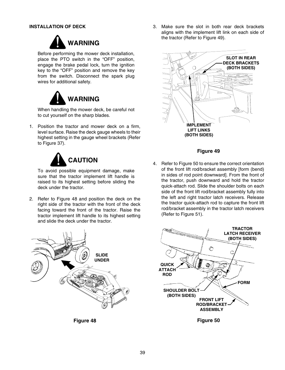 Warning, Caution | Cub Cadet 2518-44 User Manual | Page 39 / 60