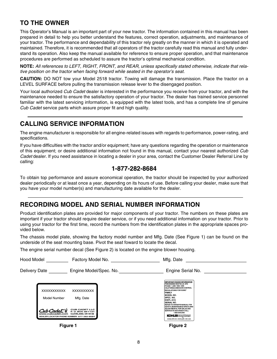 Calling service information, Recording model and serial number information | Cub Cadet 2518-44 User Manual | Page 8 / 60