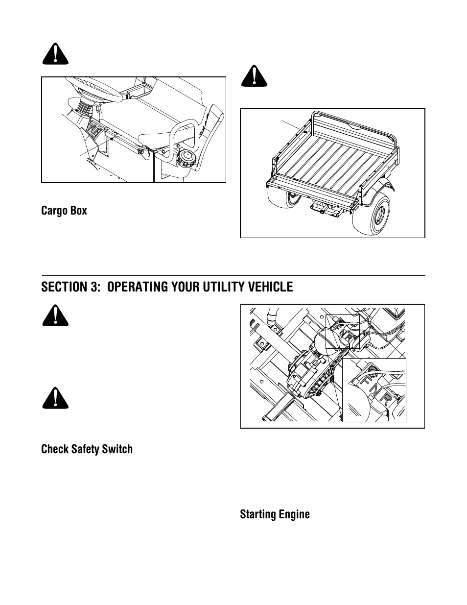Cargo box, Check safety switch, Starting engine | Cub Cadet 430d User Manual | Page 10 / 24