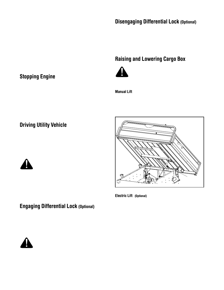 Stopping engine, Driving utility vehicle, Engaging differential lock | Disengaging differential lock, Raising and lowering cargo box | Cub Cadet 430d User Manual | Page 11 / 24