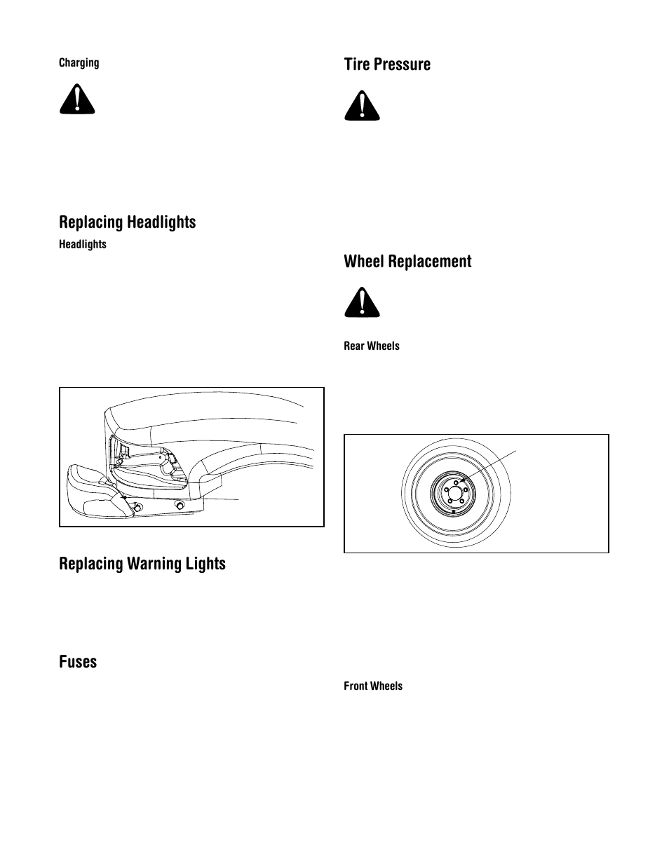 Replacing headlights, Replacing warning lights, Fuses | Tire pressure, Wheel replacement | Cub Cadet 430d User Manual | Page 14 / 24