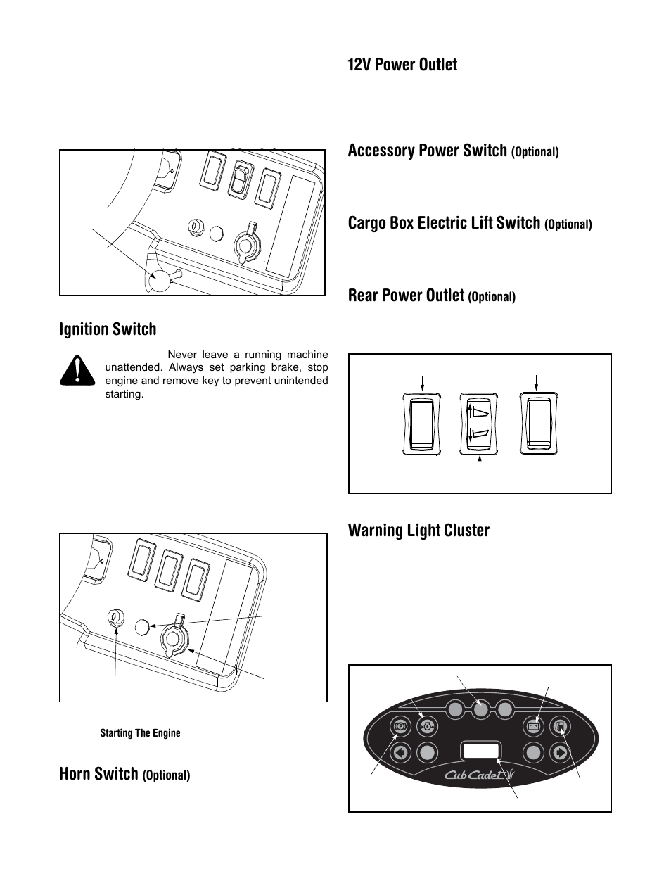 Ignition switch, Horn switch, 12v power outlet | Accessory power switch, Cargo box electric lift switch, Rear power outlet, Warning light cluster | Cub Cadet 430d User Manual | Page 8 / 24
