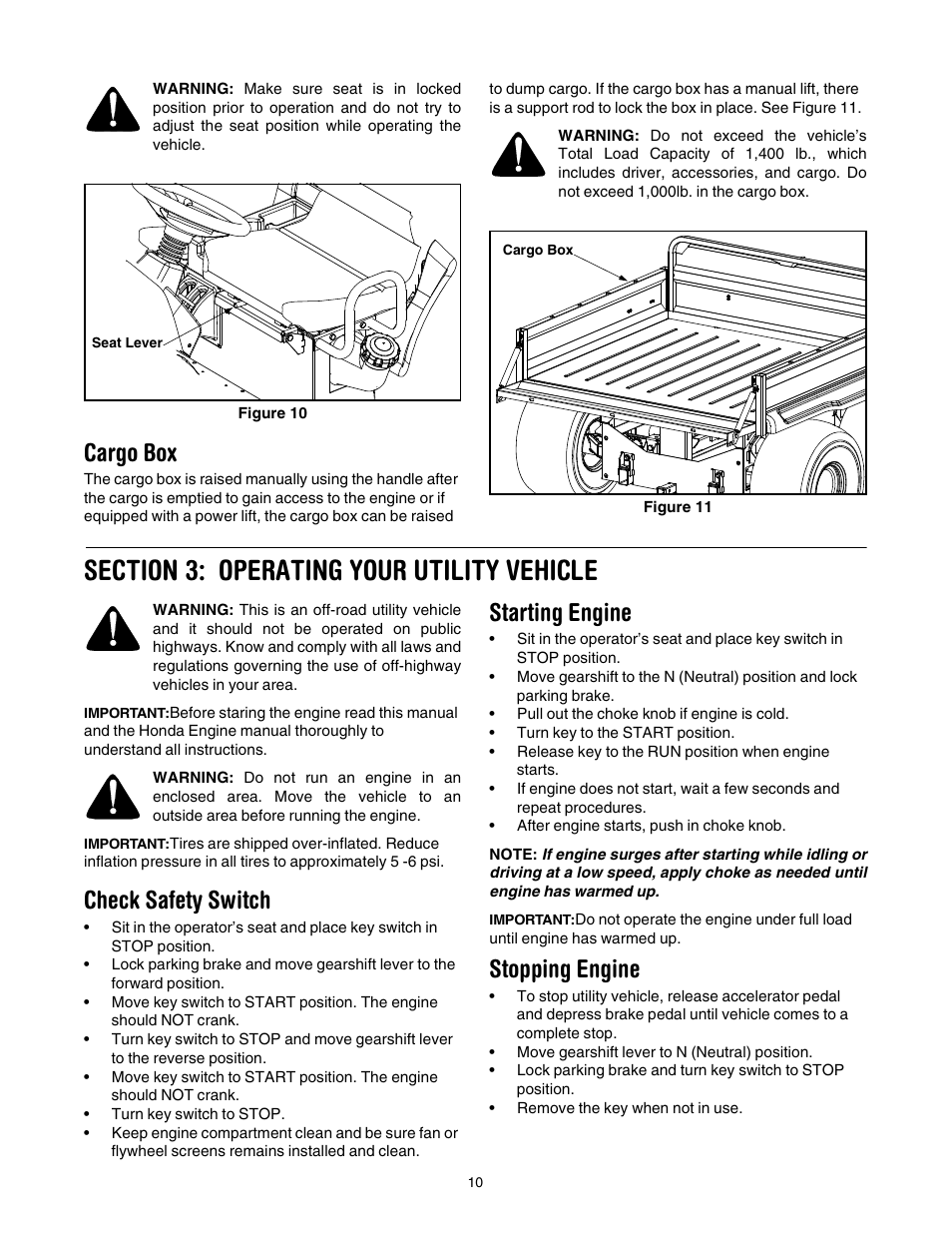 Cargo box, Check safety switch, Starting engine | Stopping engine | Cub Cadet 640 User Manual | Page 10 / 20