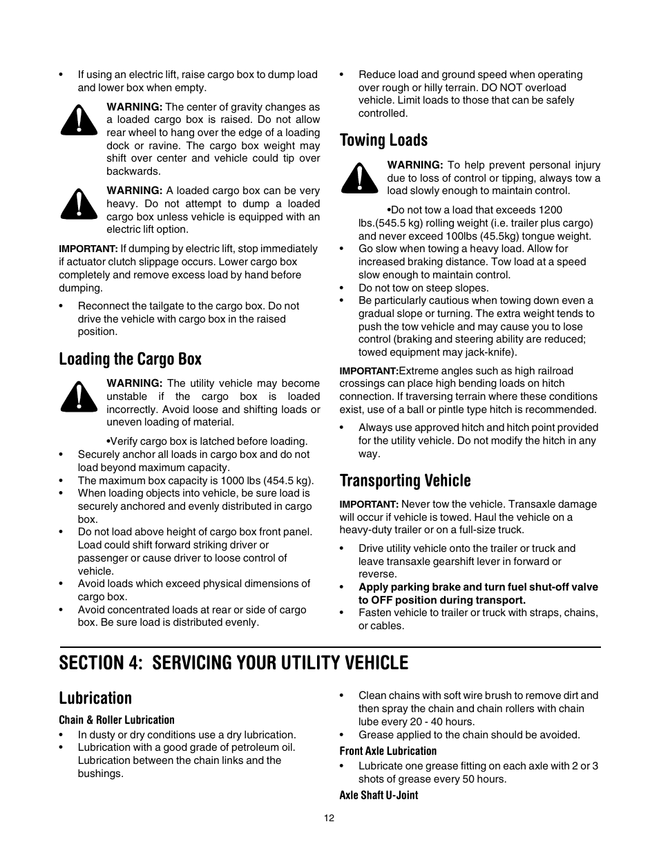 Loading the cargo box, Towing loads, Transporting vehicle | Lubrication | Cub Cadet 640 User Manual | Page 12 / 20