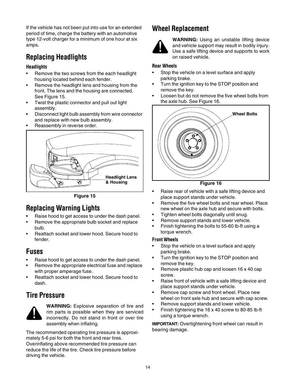 Replacing headlights, Replacing warning lights, Fuses | Tire pressure, Wheel replacement | Cub Cadet 640 User Manual | Page 14 / 20