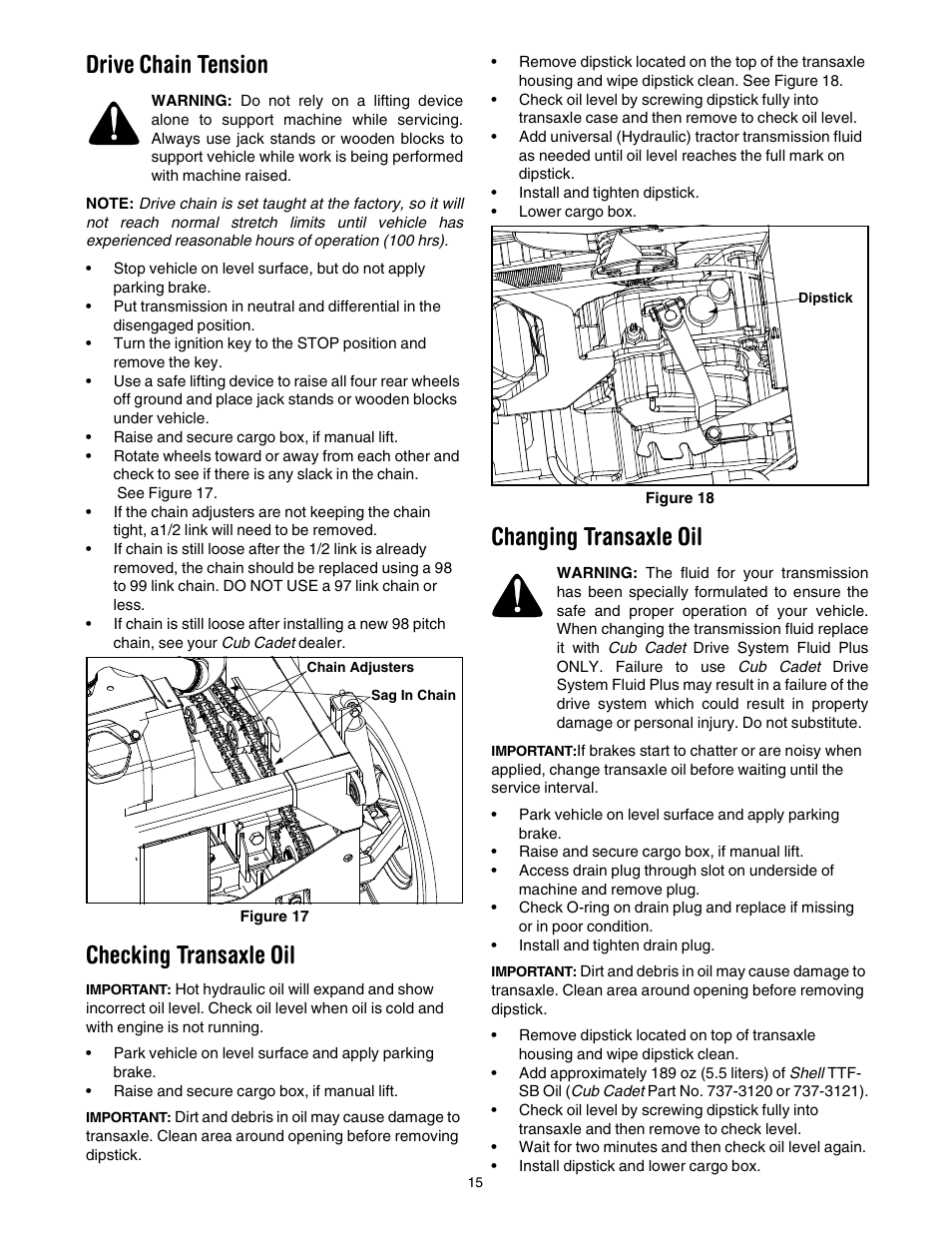 Drive chain tension, Checking transaxle oil, Changing transaxle oil | Cub Cadet 640 User Manual | Page 15 / 20