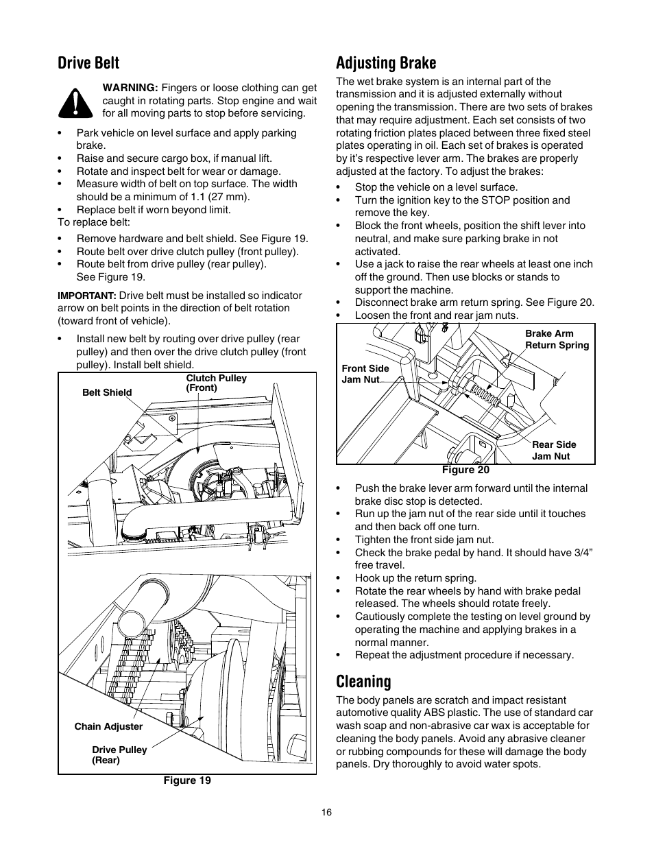 Drive belt, Adjusting brake, Cleaning | Cub Cadet 640 User Manual | Page 16 / 20