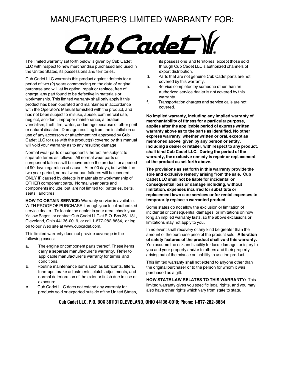 Manufacturer’s limited warranty for | Cub Cadet 640 User Manual | Page 20 / 20