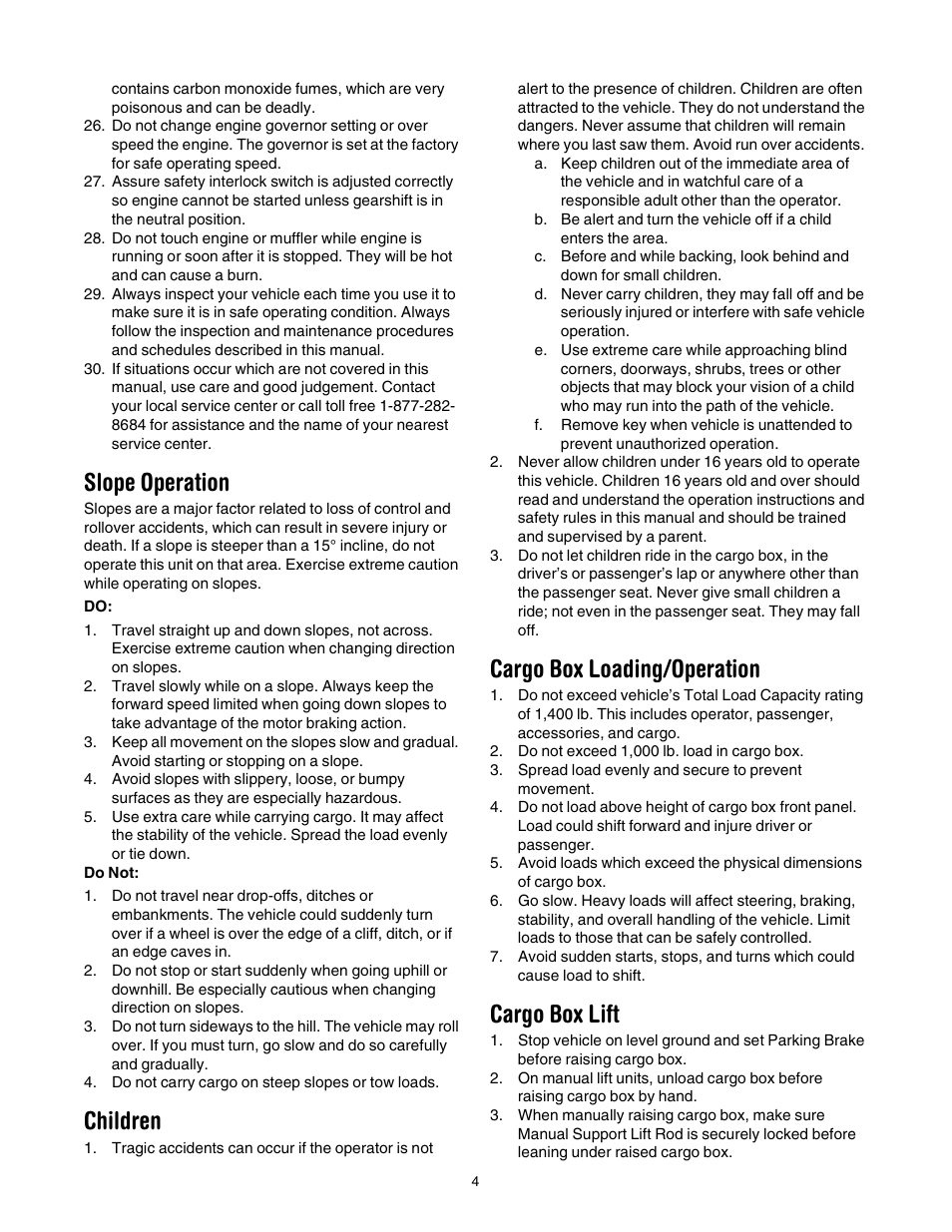 Slope operation, Children, Cargo box loading/operation | Cargo box lift | Cub Cadet 640 User Manual | Page 4 / 20