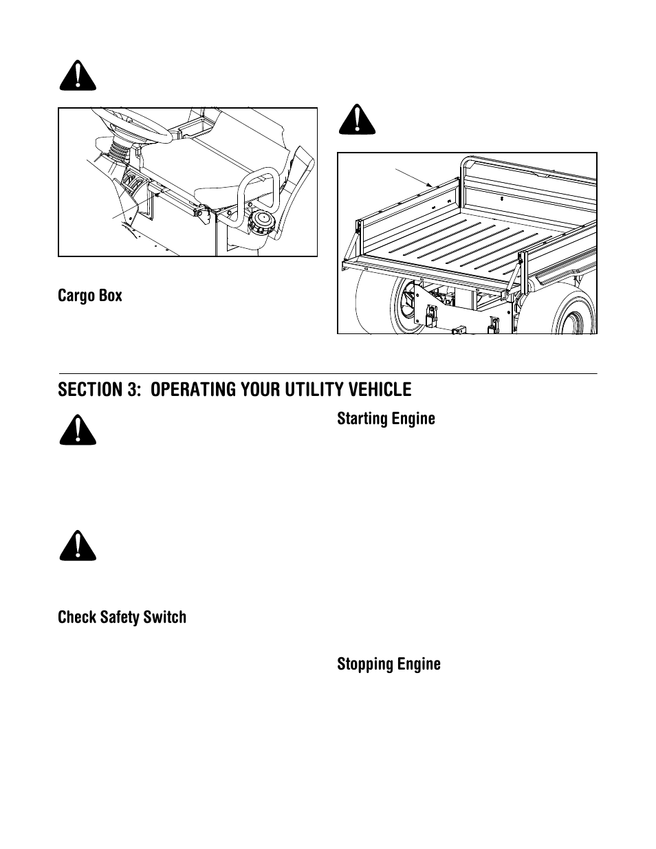 Cargo box, Check safety switch, Starting engine | Stopping engine | Cub Cadet 641 User Manual | Page 10 / 20