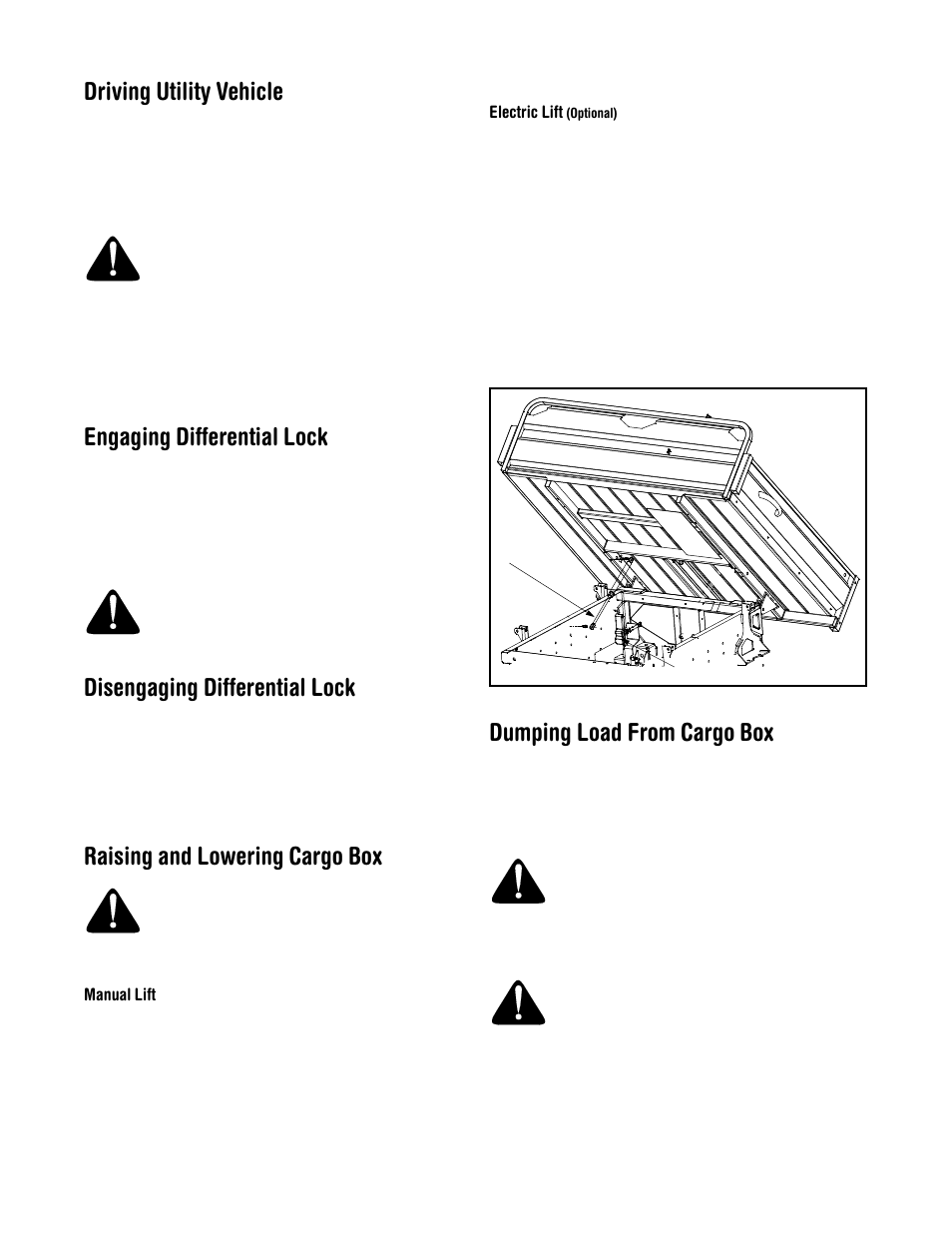 Driving utility vehicle, Engaging differential lock, Disengaging differential lock | Raising and lowering cargo box, Dumping load from cargo box | Cub Cadet 641 User Manual | Page 11 / 20