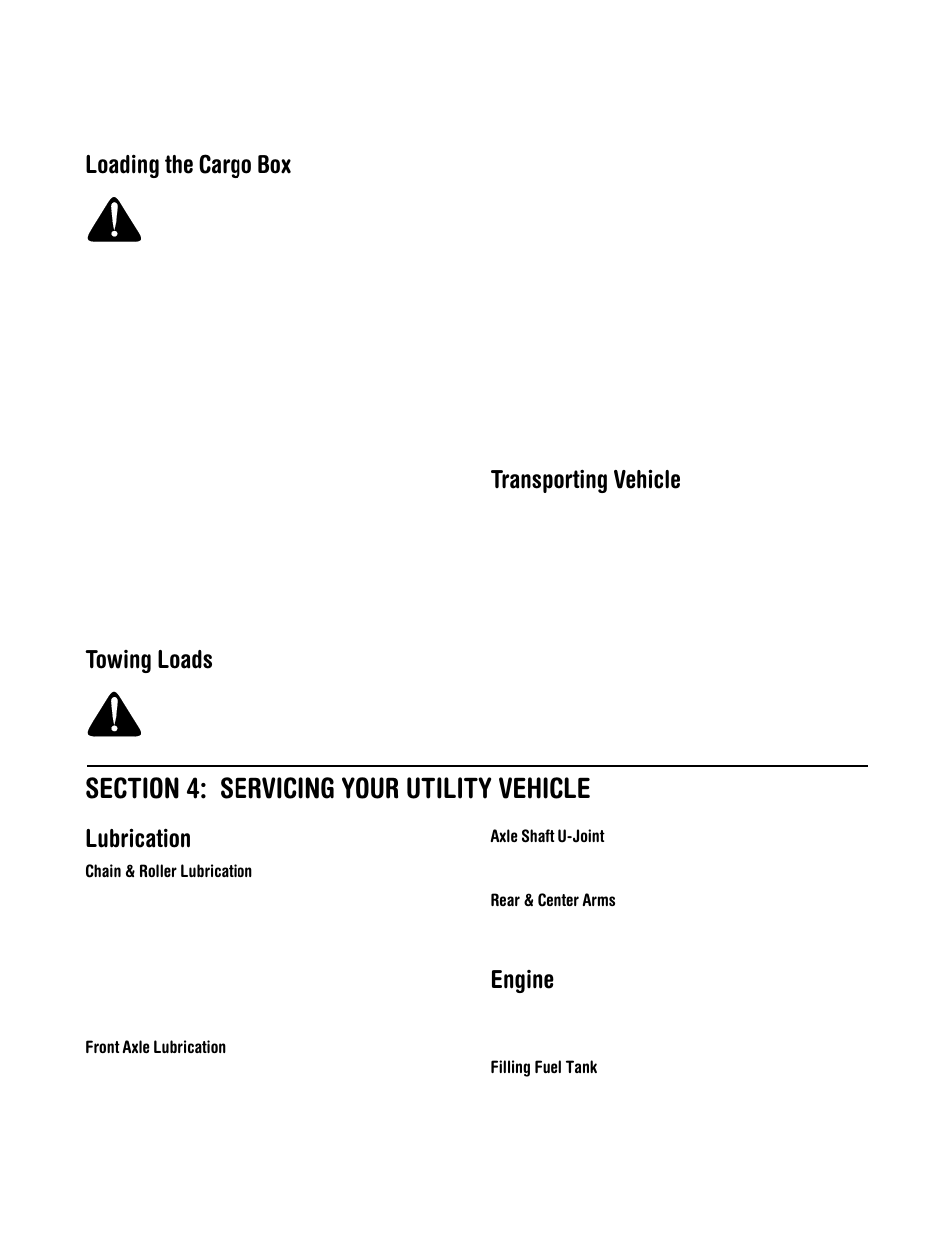 Loading the cargo box, Towing loads, Transporting vehicle | Lubrication, Engine | Cub Cadet 641 User Manual | Page 12 / 20