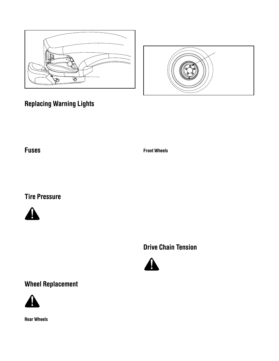 Replacing warning lights, Fuses, Tire pressure | Wheel replacement, Drive chain tension | Cub Cadet 641 User Manual | Page 14 / 20