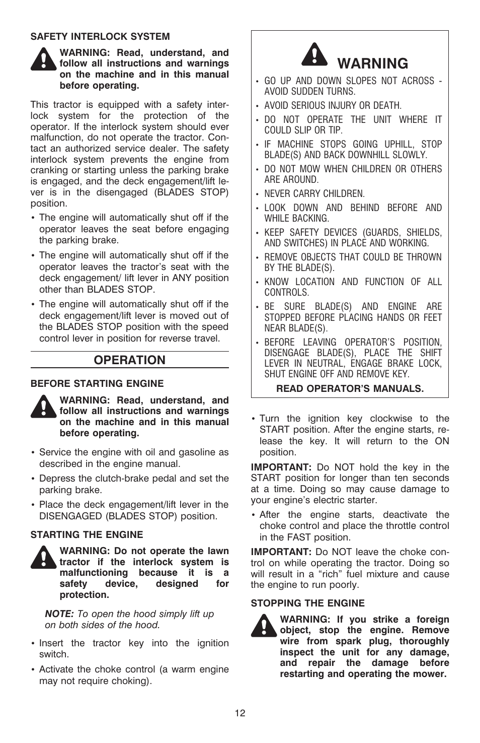 Op er a tion 12, Warning, Operation | Cub Cadet C-155G User Manual | Page 12 / 28