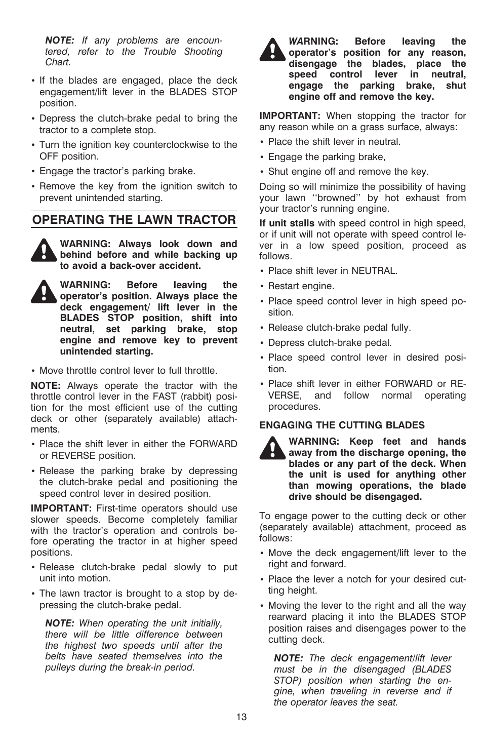 Op er ating the lawn trac tor 13, Operating the lawn tractor | Cub Cadet C-155G User Manual | Page 13 / 28