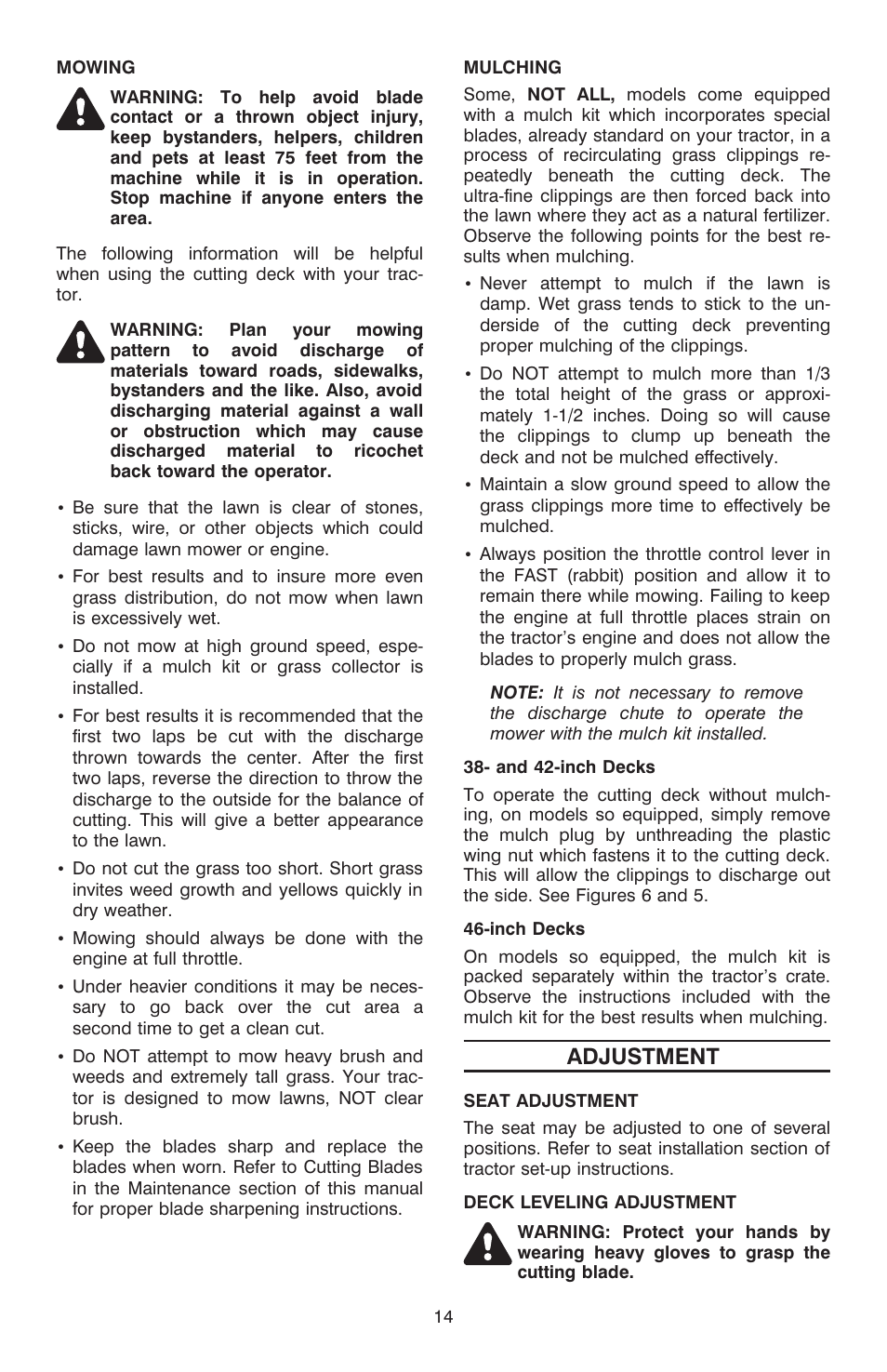 Ad just ment 14, Operating the lawn tractor, Adjustment | Cub Cadet C-155G User Manual | Page 14 / 28