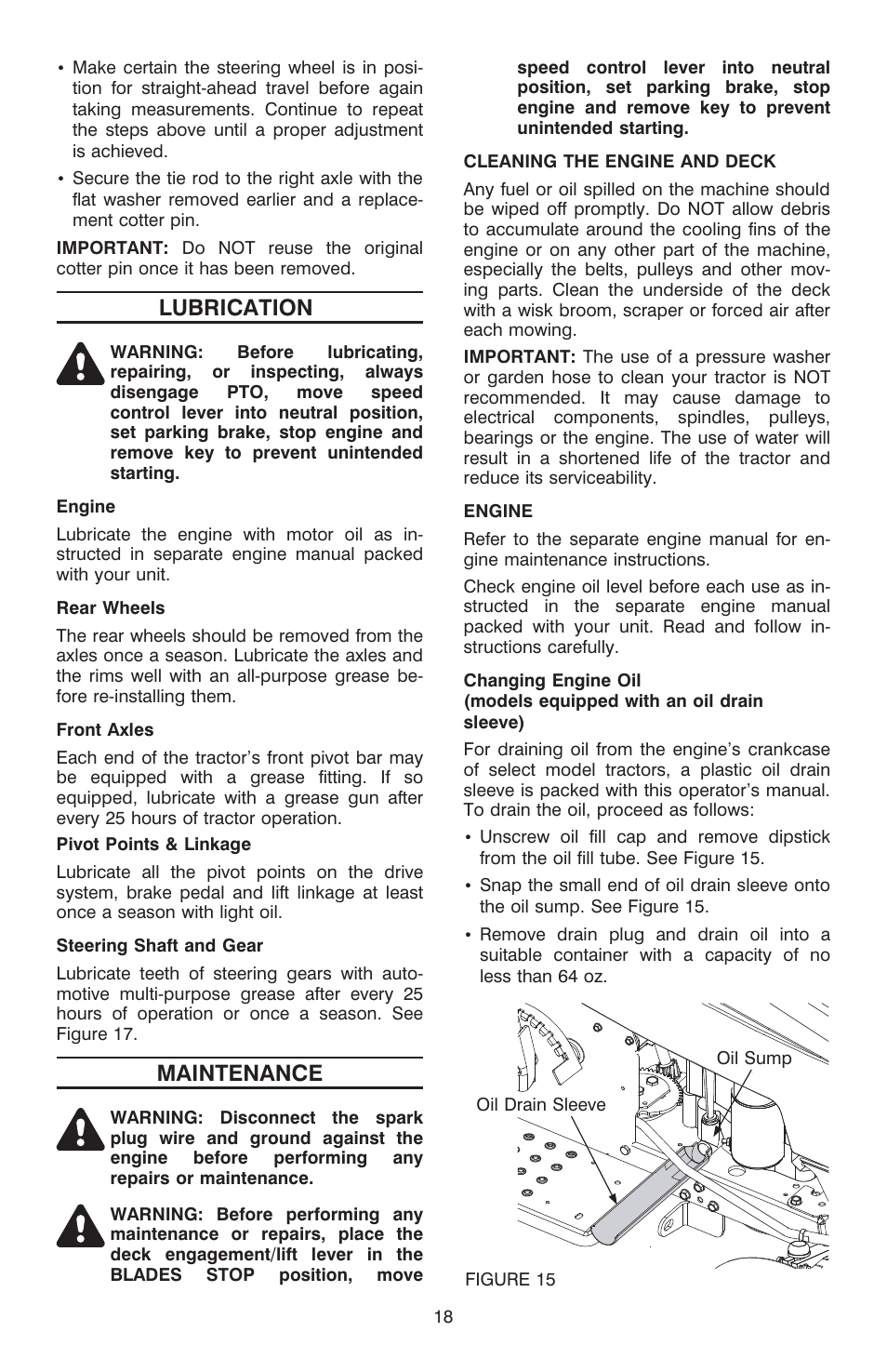 Main te nance 18, Adjustment, Lubrication | Maintenance | Cub Cadet C-155G User Manual | Page 18 / 28