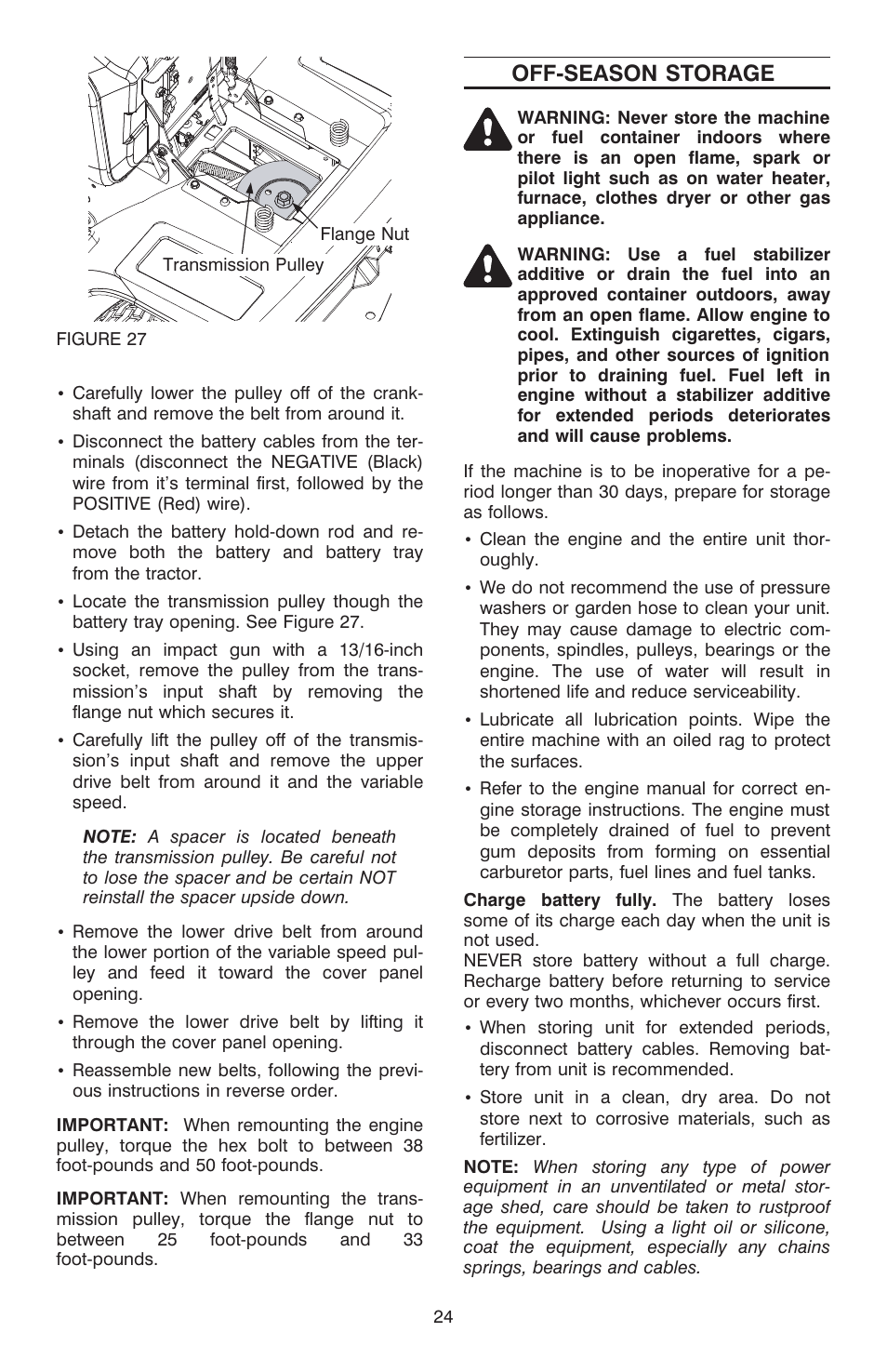 Off-sea son stor age 24, Off-season storage | Cub Cadet C-155G User Manual | Page 24 / 28