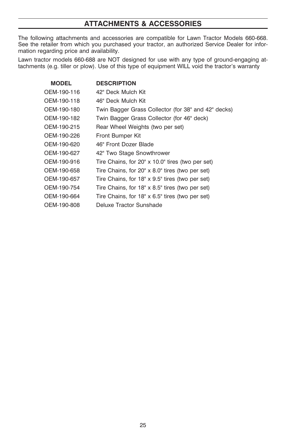 At tach ments & ac ces sories 25, Attachments & accessories | Cub Cadet C-155G User Manual | Page 25 / 28