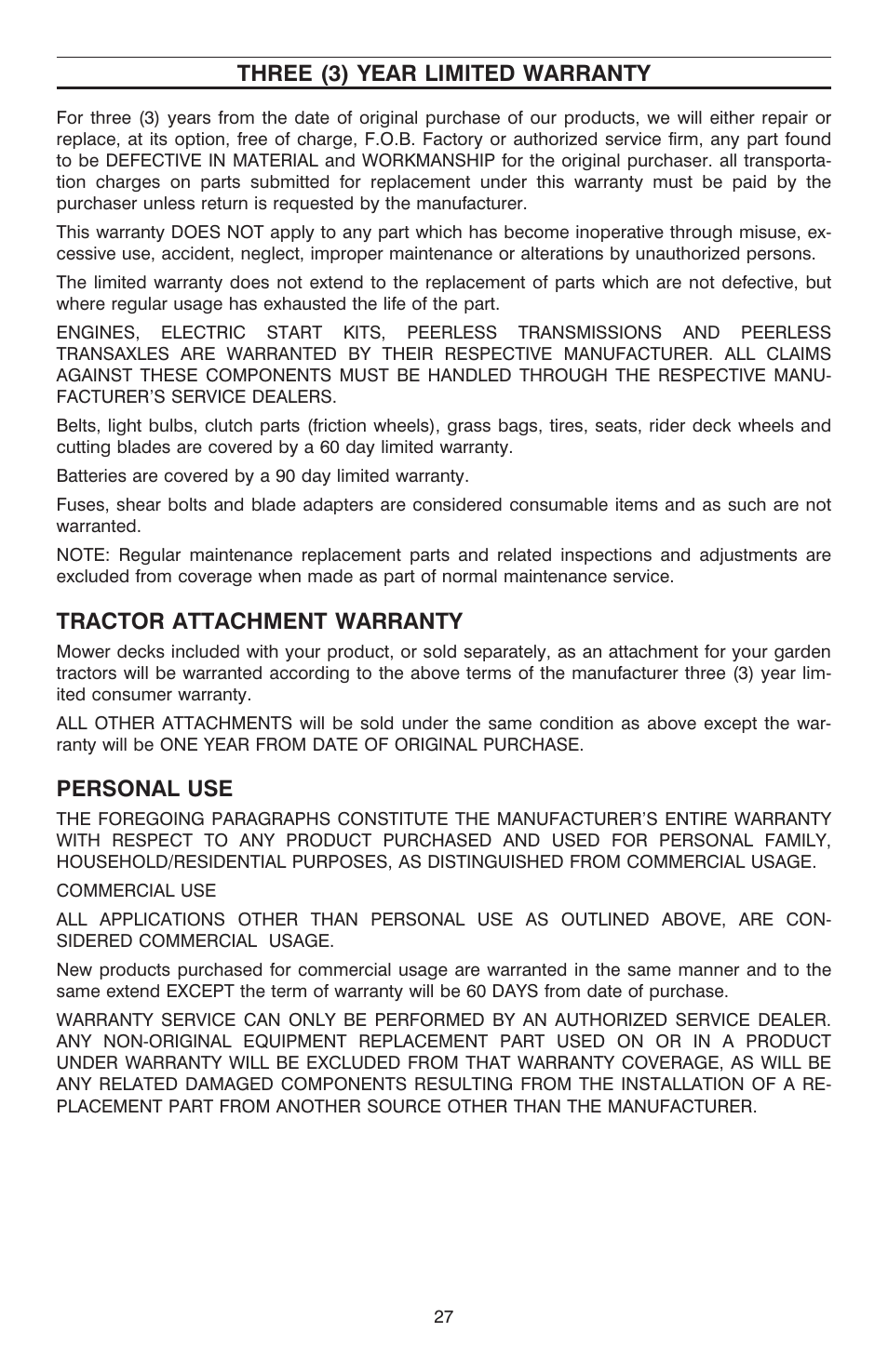 War ranty 27, Warranty, Three (3) year limited warranty | Tractor attachment warranty, Personal use | Cub Cadet C-155G User Manual | Page 27 / 28