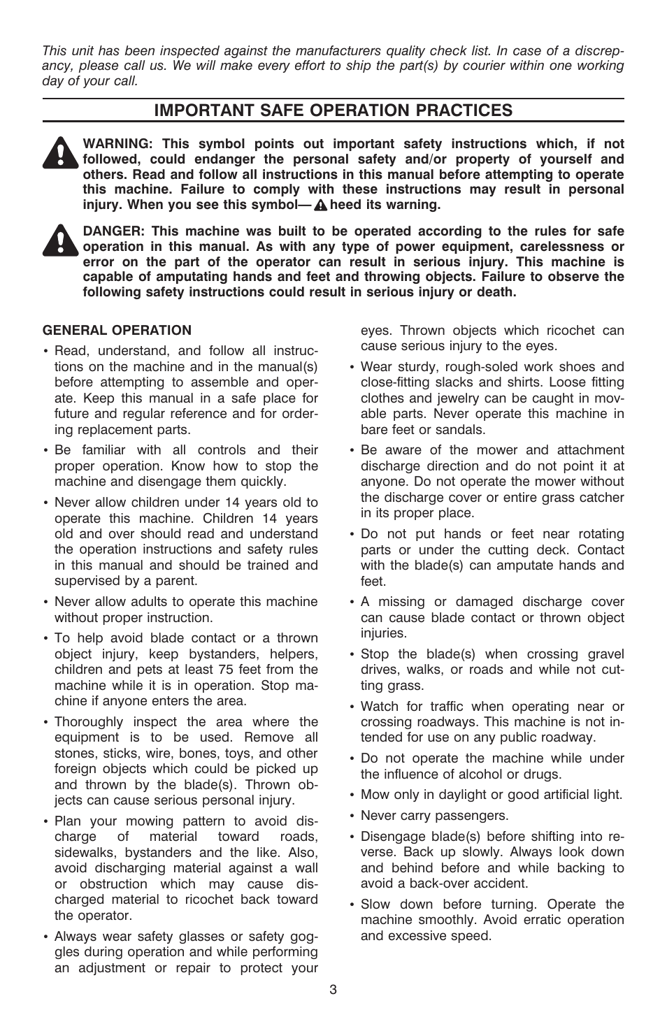 Im por tant safe op er a tion prac tices 3, Important safe opération practices, Important safe operation practices | Cub Cadet C-155G User Manual | Page 3 / 28