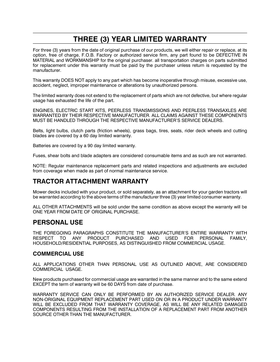 Three (3) year limited warranty, Tractor attachment warranty, Personal use | Cub Cadet CLT-180 User Manual | Page 28 / 30