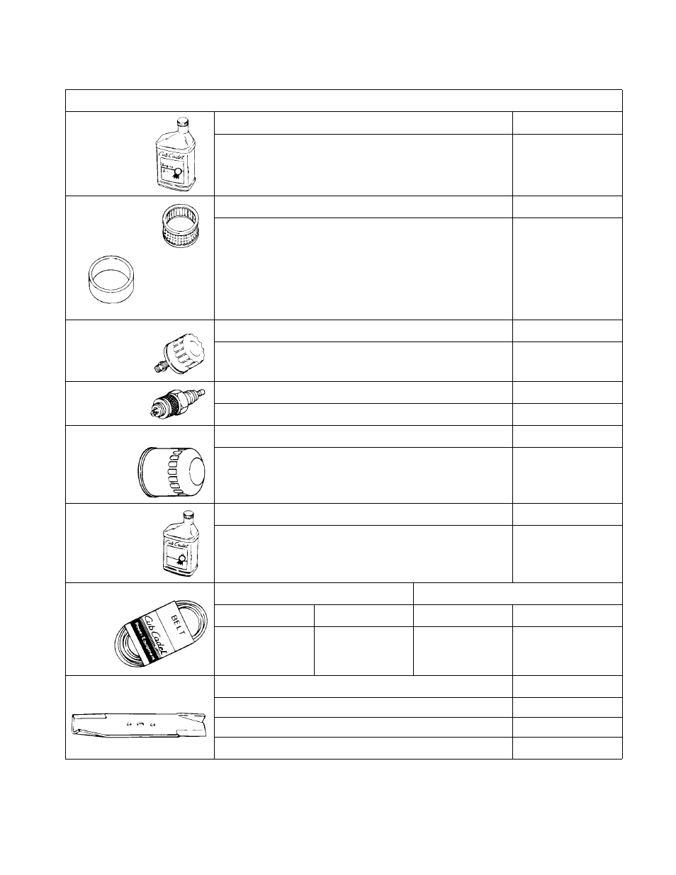 Maintenance parts chart | Cub Cadet GT-2186-44 User Manual | Page 60 / 60