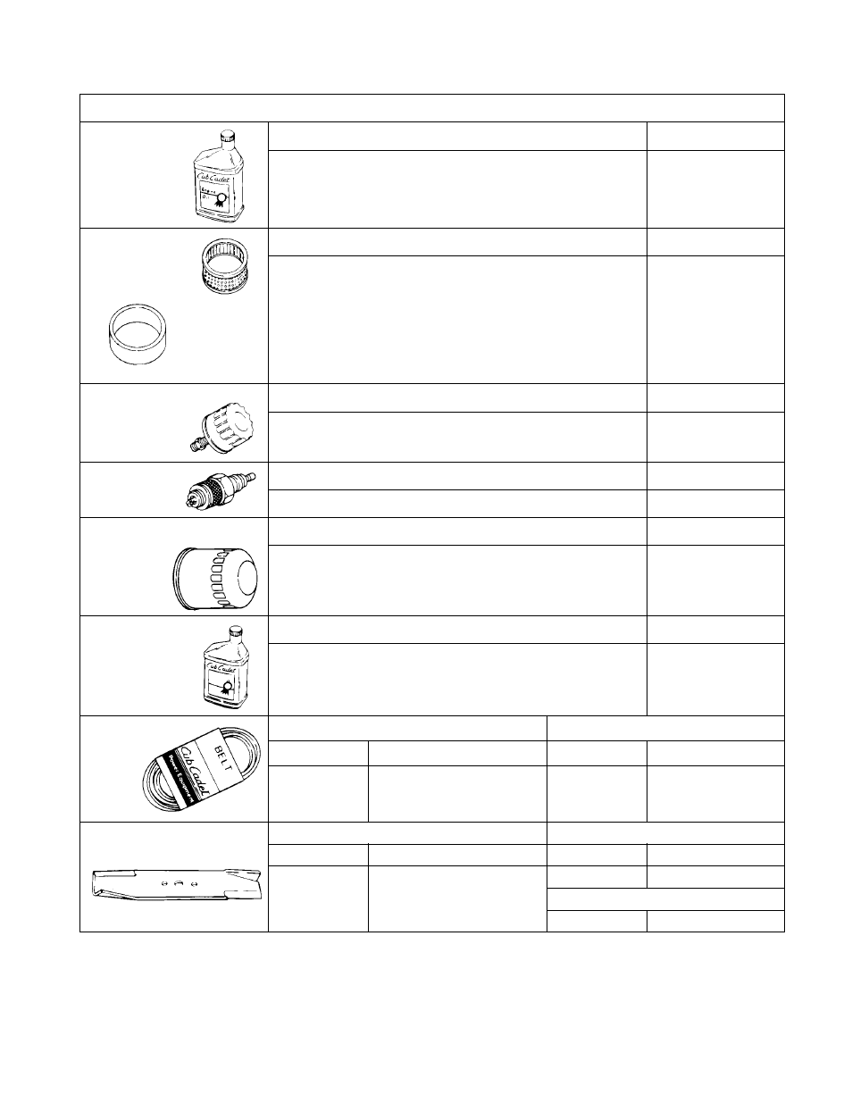 Maintenance parts chart | Cub Cadet GT-2186-48 User Manual | Page 60 / 60