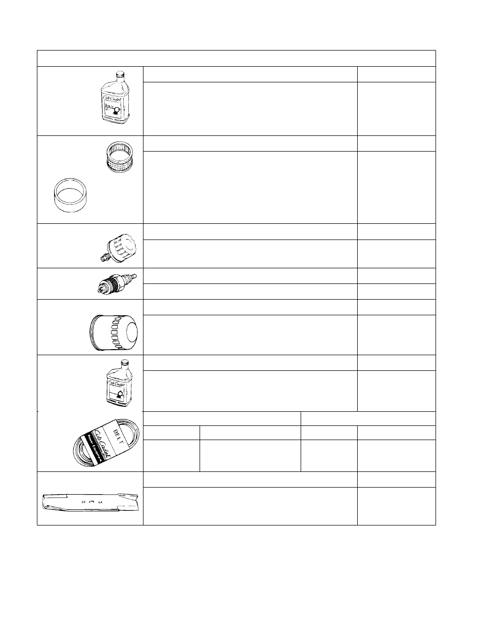 Maintenance parts chart | Cub Cadet LT-2180 User Manual | Page 60 / 60