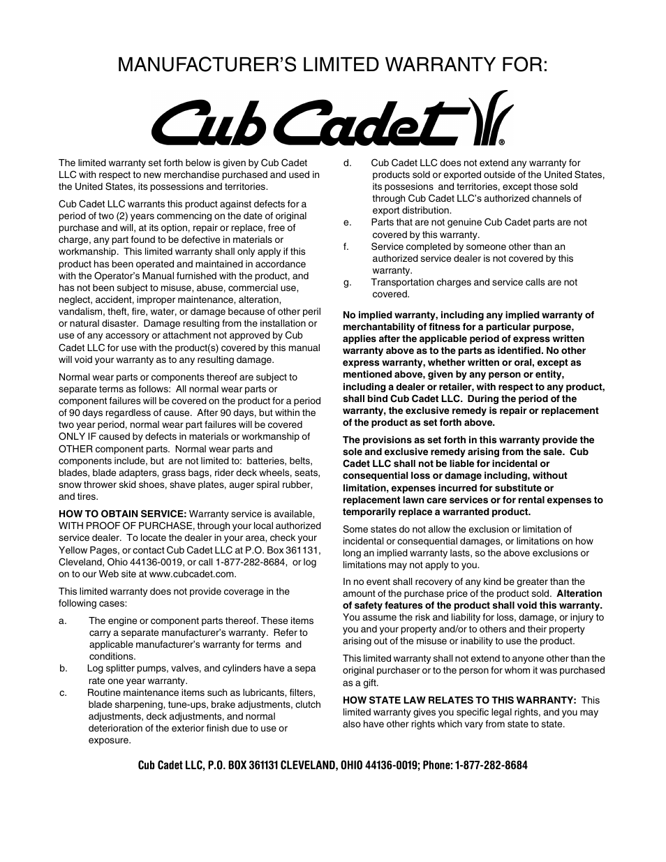 Manufacturer’s limited warranty for | Cub Cadet 190-209-100 User Manual | Page 20 / 20