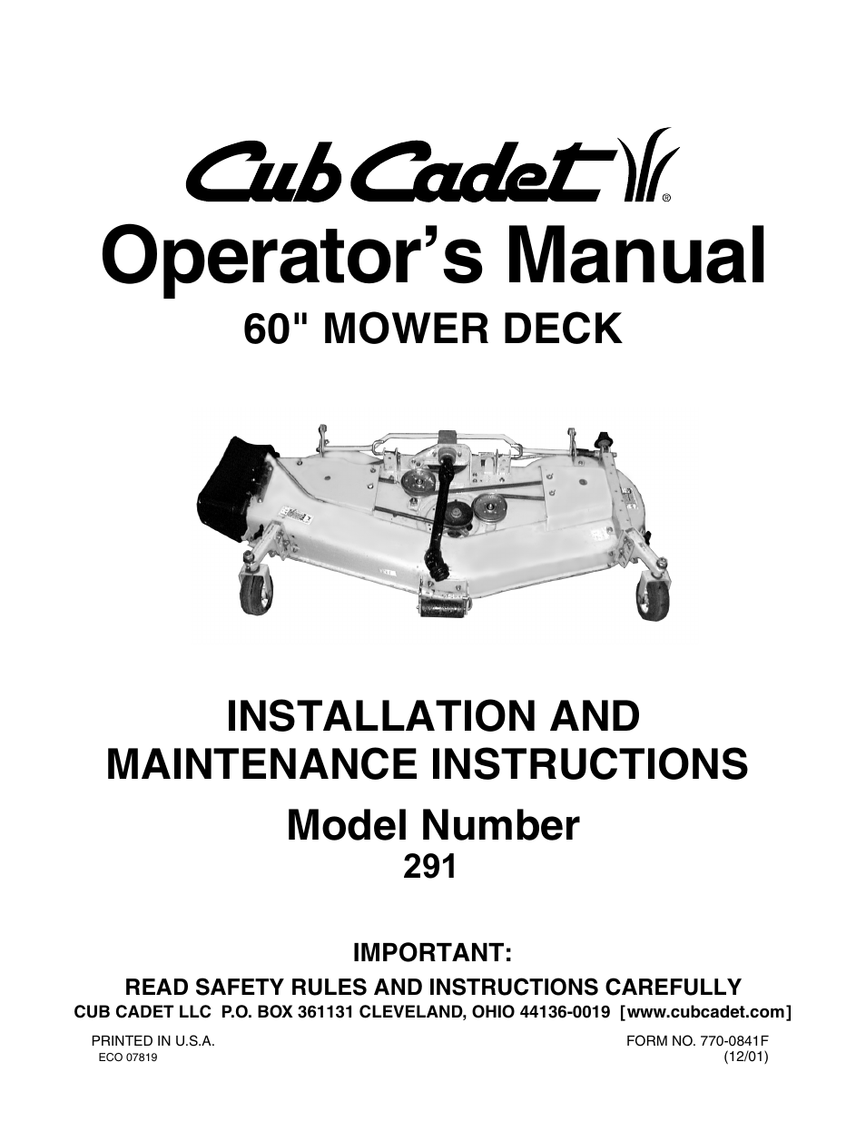 Cub Cadet 190-291-100 User Manual | 20 pages