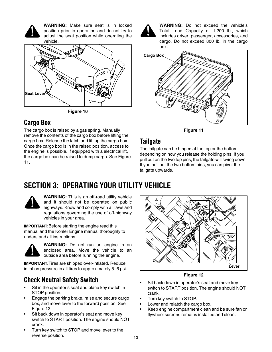 Cargo box, Tailgate, Section 3: operating your utility vehicle | Check neutral safety switch | Cub Cadet 430d User Manual | Page 10 / 24