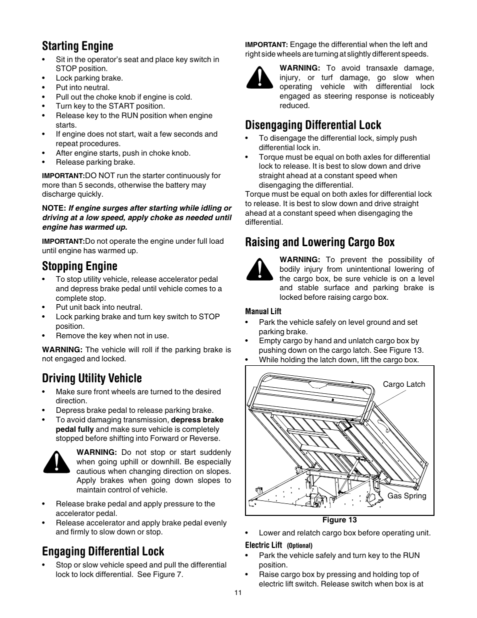 Starting engine, Stopping engine, Driving utility vehicle | Engaging differential lock, Disengaging differential lock, Raising and lowering cargo box, Manual lift, Electric lift (optional) | Cub Cadet 430d User Manual | Page 11 / 24