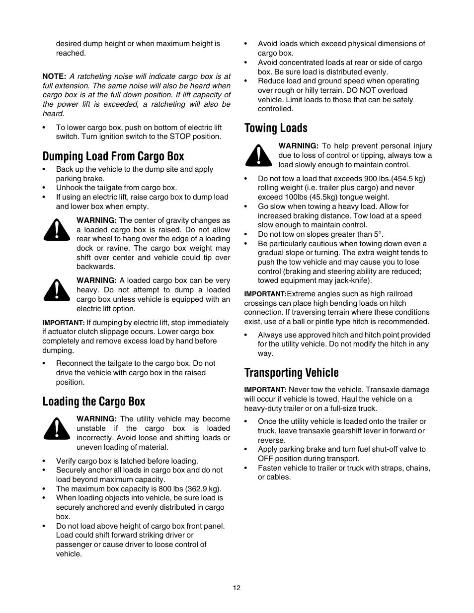 Dumping load from cargo box, Loading the cargo box, Towing loads | Transporting vehicle | Cub Cadet 430d User Manual | Page 12 / 24