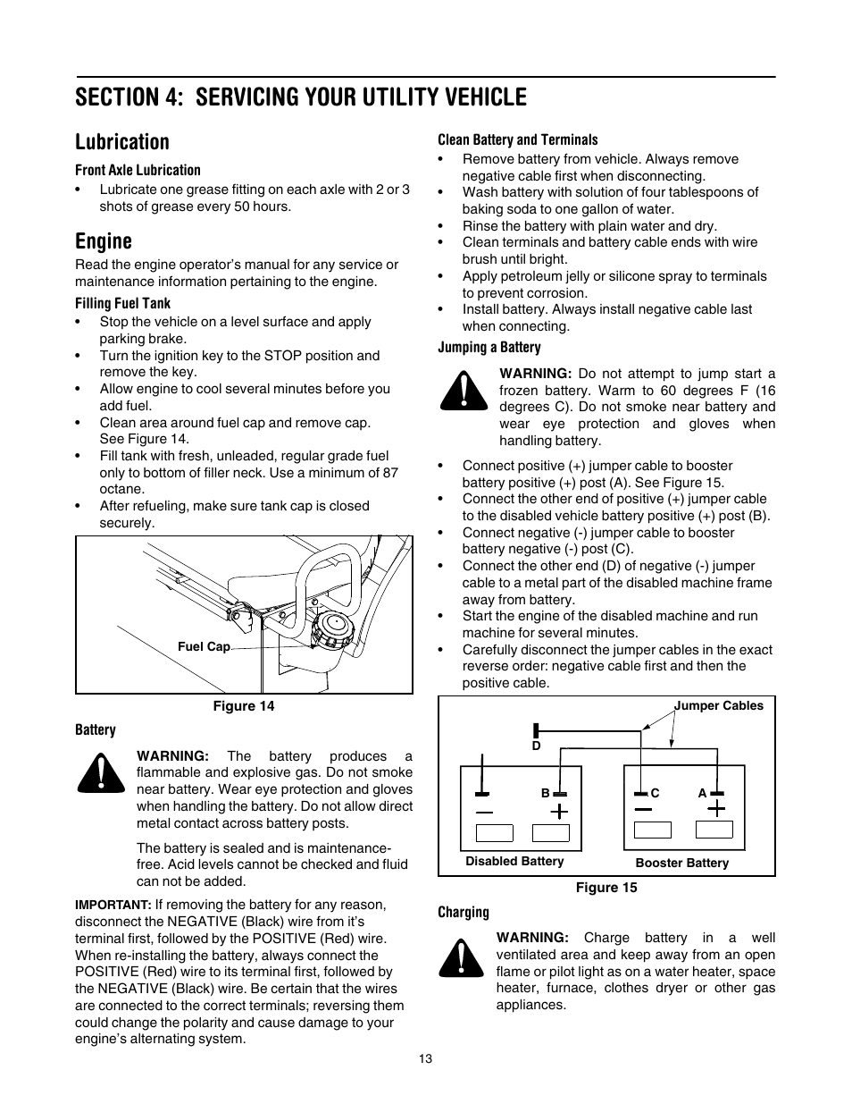 Section 4: servicing your utility vehicle, Lubrication, Front axle lubrication | Engine, Filling fuel tank, Battery, Clean battery and terminals, Jumping a battery, Charging | Cub Cadet 430d User Manual | Page 13 / 24