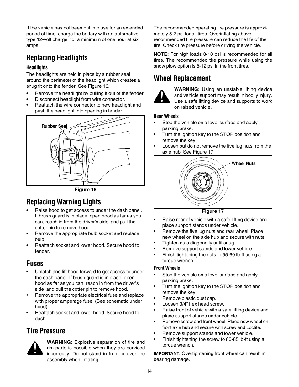 Replacing headlights, Headlights, Replacing warning lights | Fuses, Tire pressure, Wheel replacement, Rear wheels, Front wheels | Cub Cadet 430d User Manual | Page 14 / 24