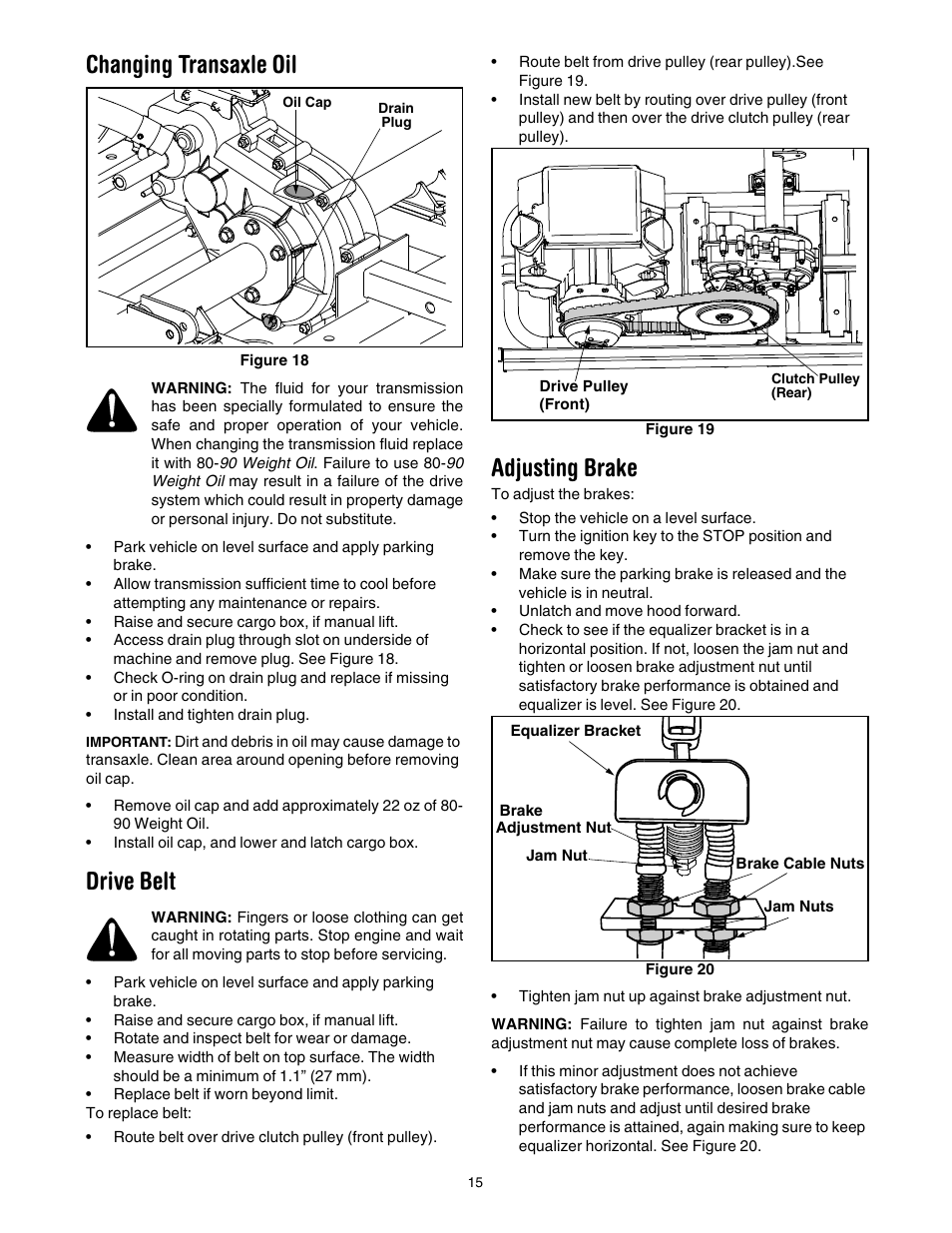 Changing transaxle oil, Drive belt, Adjusting brake | Cub Cadet 430d User Manual | Page 15 / 24