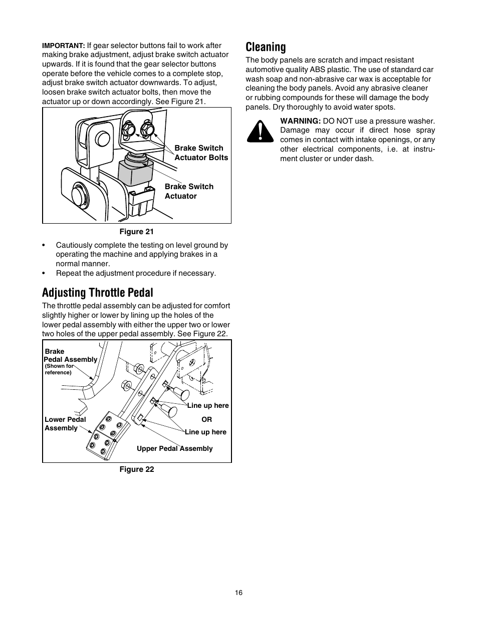 Adjusting throttle pedal, Cleaning | Cub Cadet 430d User Manual | Page 16 / 24