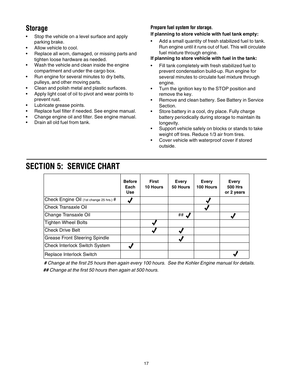 Storage, Prepare fuel system for storage, Section 5: service chart | Cub Cadet 430d User Manual | Page 17 / 24