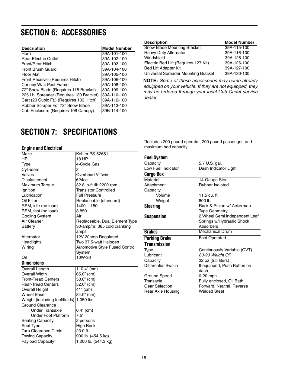 Section 6: accessories, Section 7: specifications, Engine and electrical | Dimensions, Fuel system, Cargo box, Steering, Suspension, Brakes, Parking brake | Cub Cadet 430d User Manual | Page 18 / 24