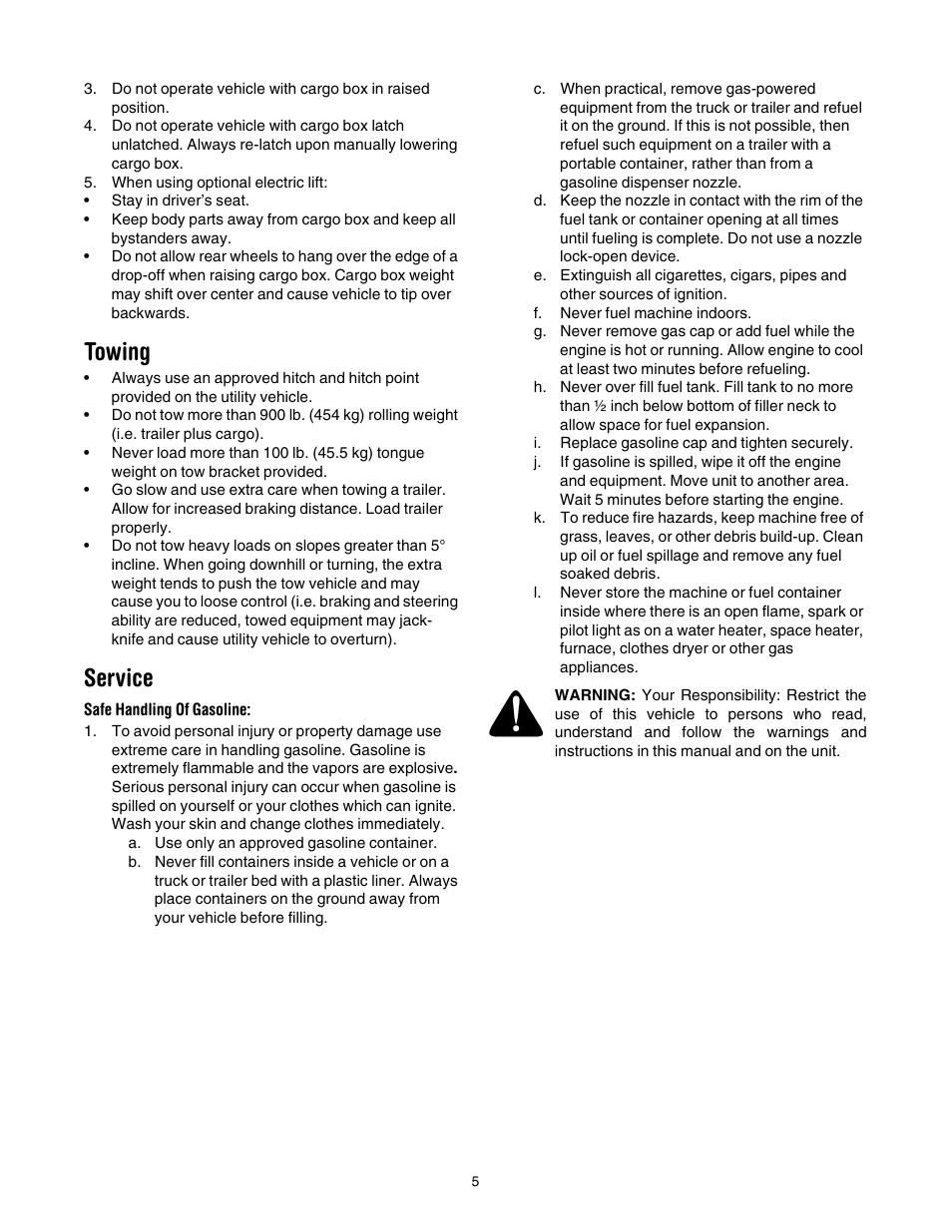 Towing, Service, Safe handling of gasoline | Cub Cadet 430d User Manual | Page 5 / 24
