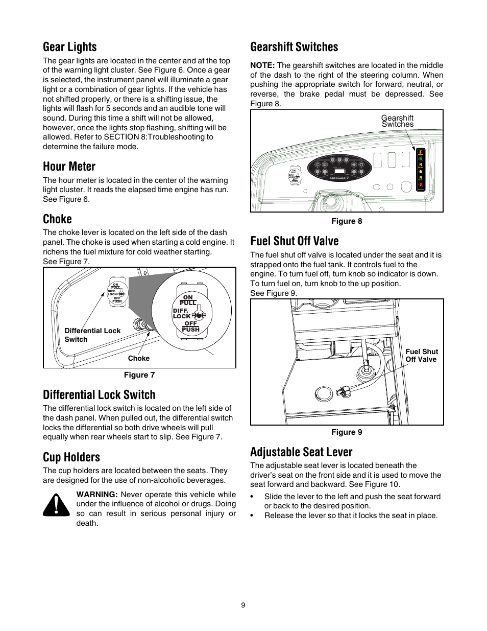 Gear lights, Hour meter, Choke | Differential lock switch, Cup holders, Gearshift switches, Fuel shut off valve, Adjustable seat lever | Cub Cadet 430d User Manual | Page 9 / 24