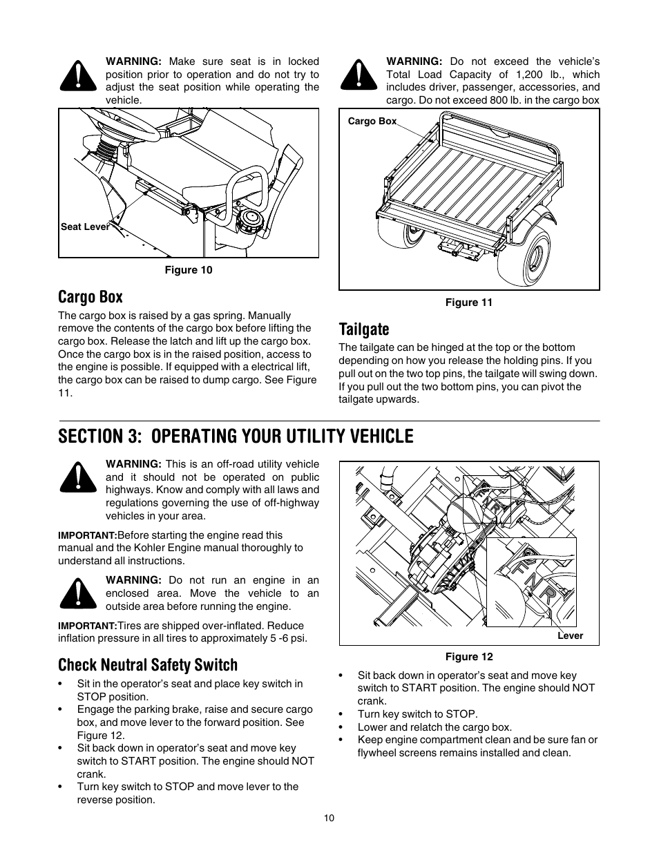 Cargo box, Tailgate, Section 3: operating your utility vehicle | Check neutral safety switch | Cub Cadet 431D User Manual | Page 10 / 24