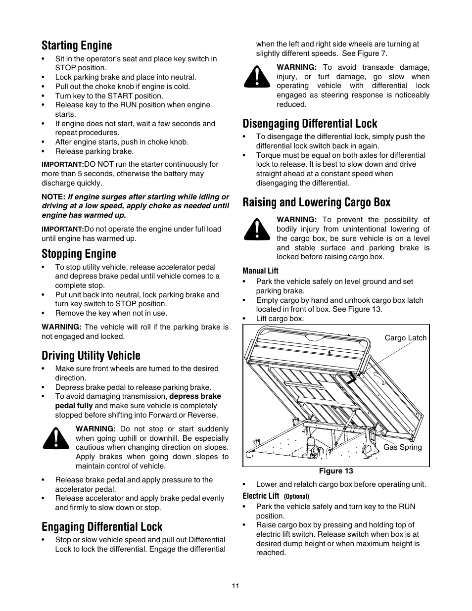 Starting engine, Stopping engine, Driving utility vehicle | Engaging differential lock, Disengaging differential lock, Raising and lowering cargo box, Manual lift, Electric lift (optional) | Cub Cadet 431D User Manual | Page 11 / 24