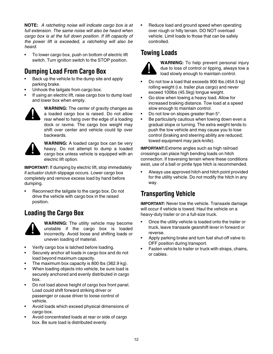 Dumping load from cargo box, Loading the cargo box, Towing loads | Transporting vehicle | Cub Cadet 431D User Manual | Page 12 / 24